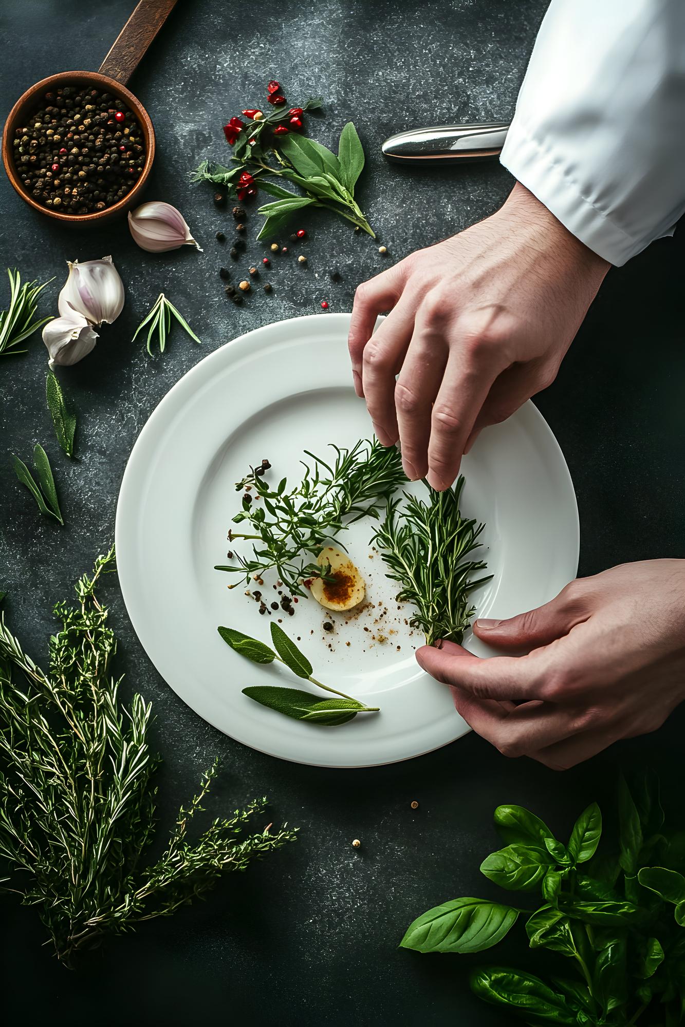 Hands plating a composed dish with herbs